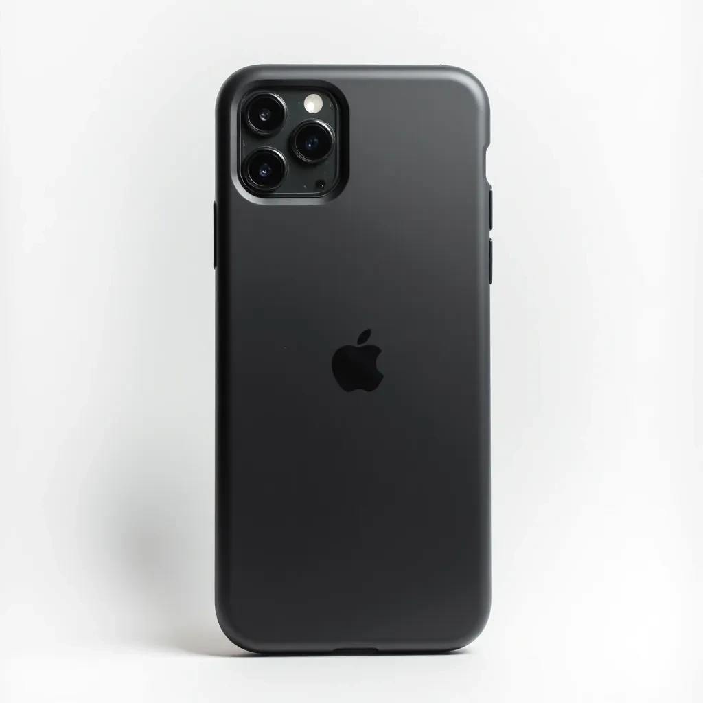 Black smartphone protective case with reinforced corner protection displayed on white background, showing textured soft-touch finish and precise port cutouts