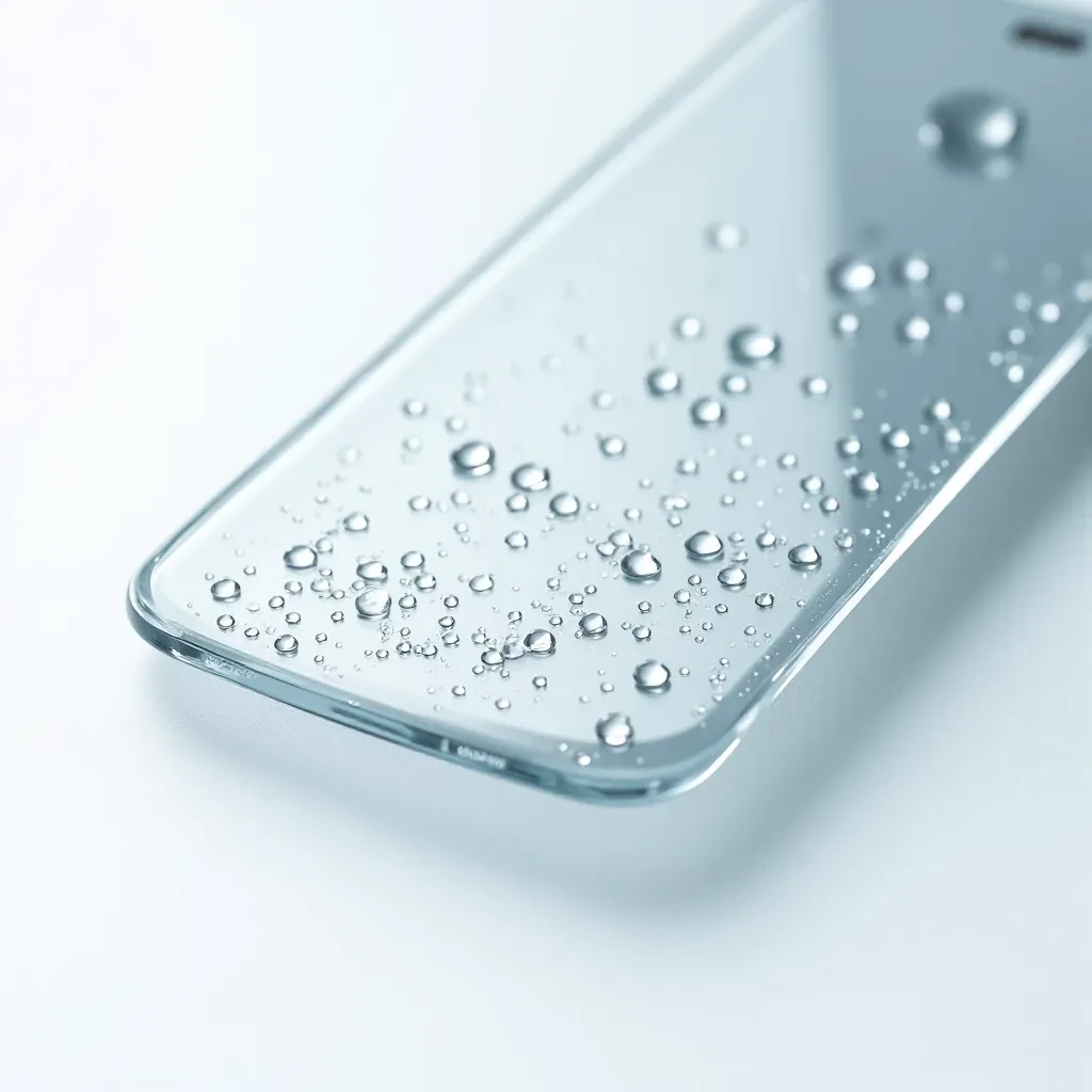 Close-up detail of tempered glass screen protector showing oleophobic coating surface with water droplets beading, highlighting anti-fingerprint properties