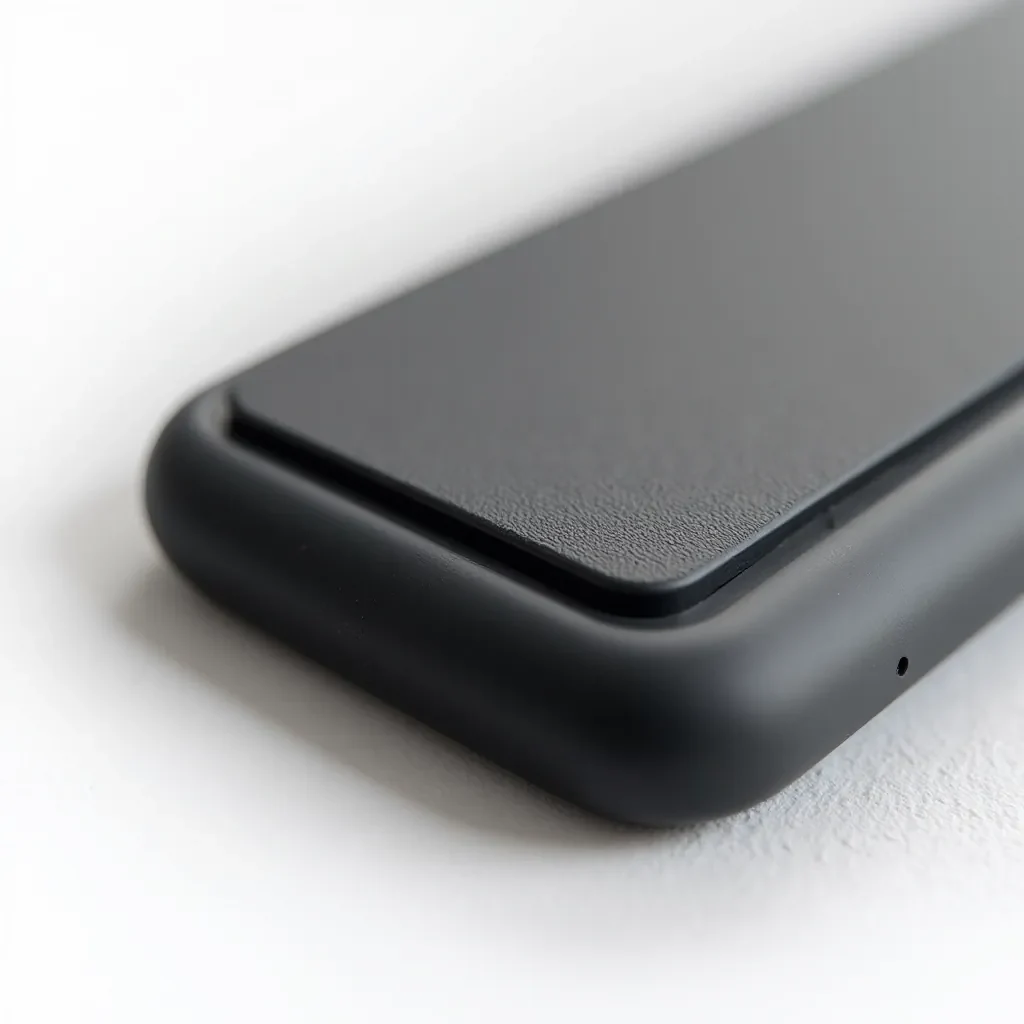 Smartphone case with protective corner reinforcement shown in detail, displaying textured soft-touch surface and raised bezel protection