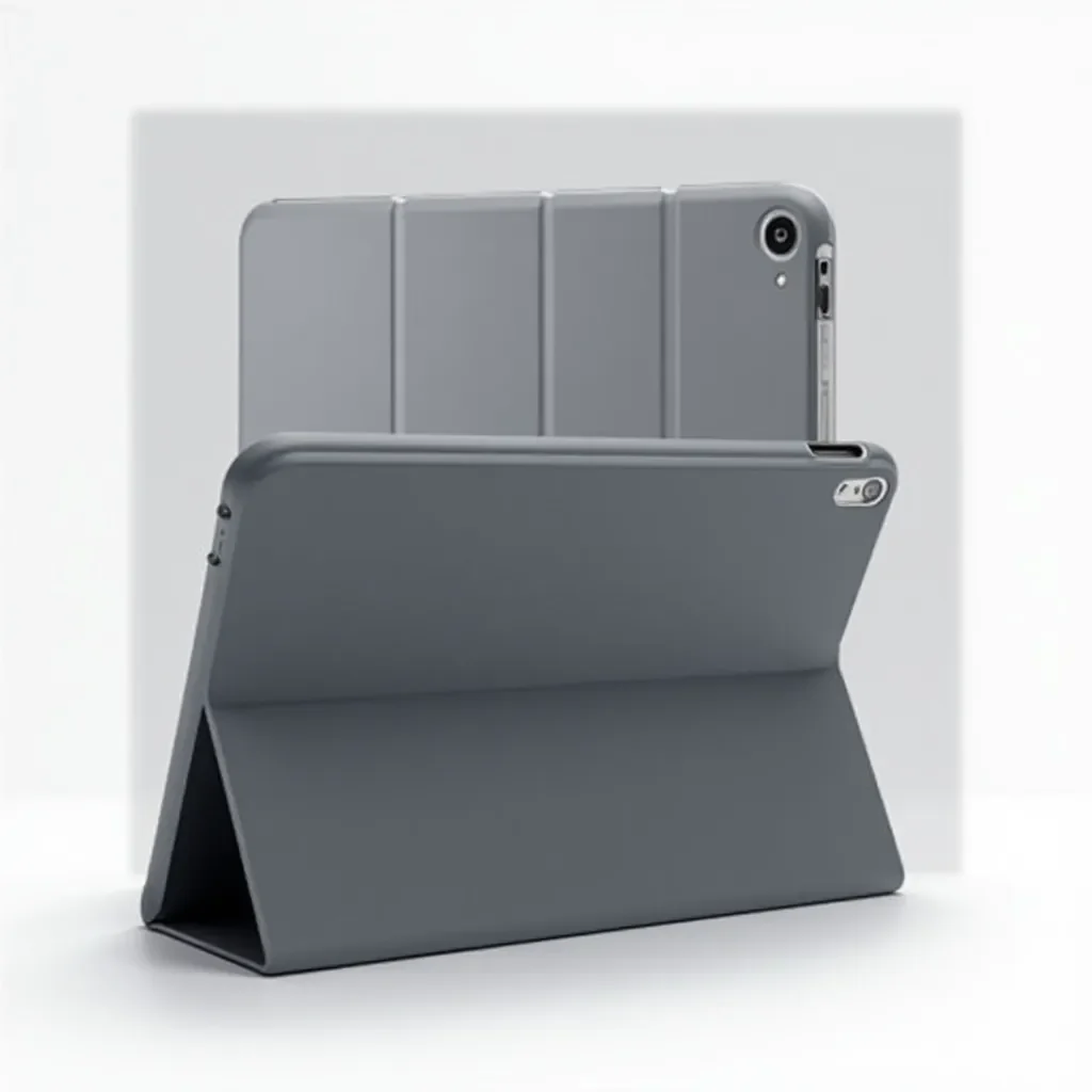 Tablet case with viewing stand positioned at multiple angles showing flexibility, professional product photography demonstrating landscape and portrait positioning