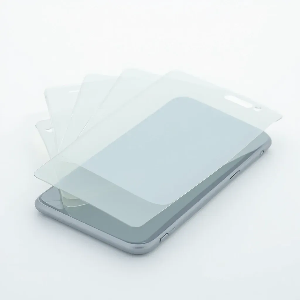 Premium tempered glass screen protectors in protective case packaging, showing precision-cut edges and oleophobic coating